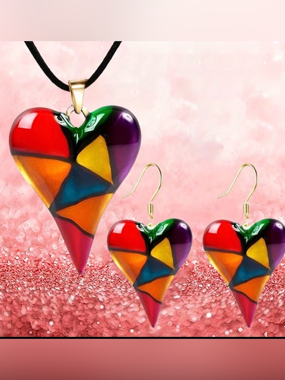 Multicolor Heart Pendant & Earring Set - Vibrant Women's Jewelry